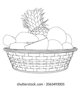 Contour of fruit basket from black lines isolated on white background. Bananas, apples, pineapple in a basket. Vector illustration