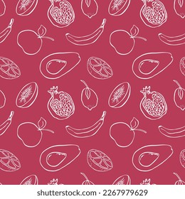 Contour fruits seamless pattern. Doodle fruits on colored background, minimalistic pattern
