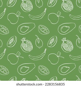 Contour fruits seamless pattern. Doodle fruits on colored background, minimalistic pattern