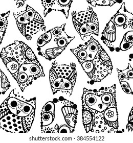 Contour funny owls seamless pattern. Ink splashes owl. Cute animal.
