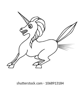 Contour funny vector illustration of frightened unicorn, isolated on the white background.