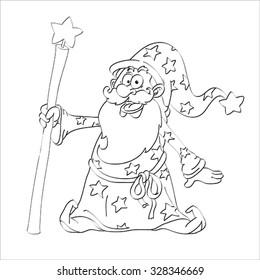 Contour of Funny Wizard With Magic Wand. Vector Illustration