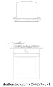 Contour of gas stove and hood. Outline oven vector illustration on white background. Vector illustration Stainless oven for cooking. Front view.