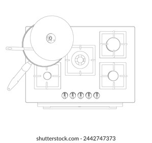 Contorno de estufa de gas y campana. Ilustración vectorial de horno de contorno sobre fondo blanco. Ilustración vectorial Horno inoxidable para cocinar. Vista superior. 3P.