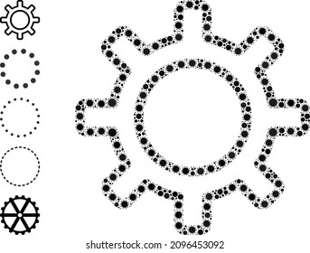 Contour gear mosaic icon. Vector mosaic designed from randomized Covid-2019 elements. Covid-2019 collage contour gear icon, and bonus icons. Contour gear mosaic for breakout templates.