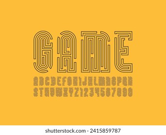 Contour geometric font from thin line maze style, alphabet, gap linear labyrinth letters and numbers, vector illustrator 10 eps