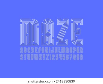Contour geometric font from thin line maze style, alphabet, gap linear labyrinth letters and numbers, vector illustrator 10 eps