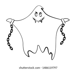 Contour ghost on a white background. Monster with shackles and chains. Cute black outline ghost. Character for decorating the Halloween festival. A ghost with emotions. Scarecrows for children.