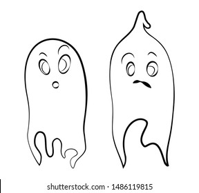 Contour ghosts on a white background. Cute black outline ghost. Characters for the celebration of Halloween. Ghosts with emotions.