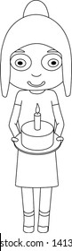 The contour of the girl with a cake. Cute girl holding a cake with a candle.