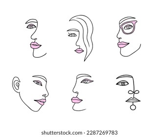Contour girl face, set, hand drawn one line, beautiful women. Vector Illustration for backgrounds and packaging. Image can be used for greeting card, poster and textile. Isolated on white background.