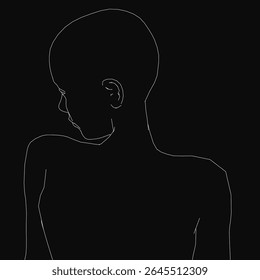 Contour of a girl head in black and white, stark contrast against a dark background, artistic and moody. The girl stands nearby, adding depth to the composition.