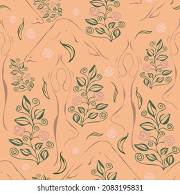 Contour of girls doing yoga among the greenery, seamless pattern