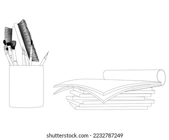 Contour of a glass with brushes and pencils and paper from black lines isolated on a white background. Side view. 3D. Vector illustration.