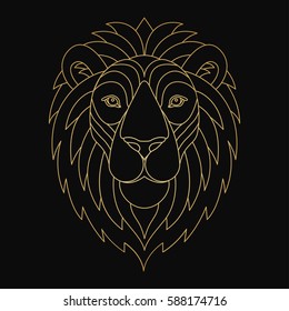 Contour gold lion head with mane isolated on black background. Vector symbol. Graphic illustration for t-shirt print, notebook or poster design.