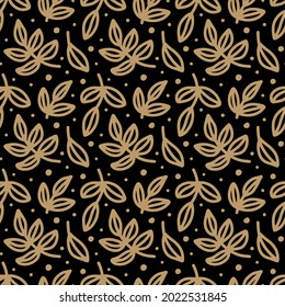 Contour gold tree branches on black background. Abstract Plant, Twigs with Leaves. Floral seamless pattern, vector texture for fashion textile print, fabric, wrapping, gift paper, package, invitation