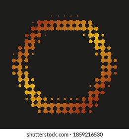 The contour of a golden hexagon in halftones on a black background. Vector illustration