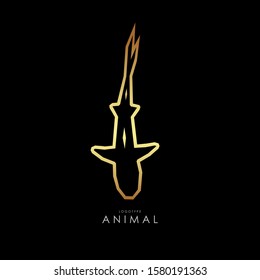 Contour golden logo, shark view from the top. Floating down. On a black background. For printing on clothes, symbol of organization. For your design. 