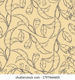 contour graceful branches with leaves on a delicate beige background,vector seamless pattern