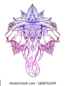 Contour gradient native elephant head with trunk, tusks and boho ornaments. Ganesha head with mandala. Vector color silhouette for tattoo, cards, banners and your creativity.
