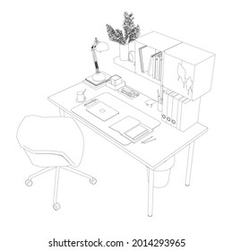 Contour of graphic designer workplace isolated on white background. Isometric view. Vector illustration