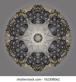 Contour gray, beige and brown mandala shaped snowflakes for art therapy style zen drawing. Hand-drawn, stylish doodle in tatto style, fabric design and cards in Vector illustration.