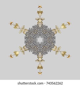 Contour gray, brown and beige mandala shaped snowflakes for art therapy style zen drawing. Hand-drawn, stylish doodle in tatto style, fabric design and cards in Vector illustration.