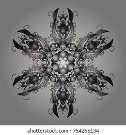 Contour gray, brown and neutral mandala shaped snowflakes for art therapy style zen drawing. Hand-drawn, stylish doodle in tatto style, fabric design and cards in Vector illustration.