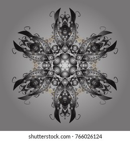 Contour gray, brown and neutral mandala shaped snowflakes for art therapy style zen drawing. Hand-drawn, stylish doodle in tatto style, fabric design and cards in Vector illustration.