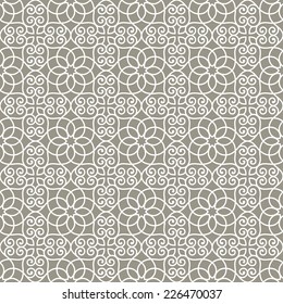 Contour gray seamless pattern on a white background in the style of arabesque. Abstract illustration. 