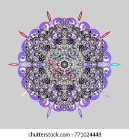 Contour gray, violet and white mandala shaped snowflakes for art therapy style zen drawing. Hand-drawn, stylish doodle in tatto style, fabric design and cards in Vector illustration.