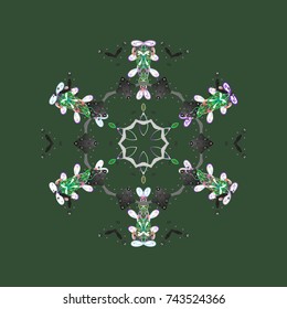 Contour green, gray and neutral mandala shaped snowflakes for art therapy style zen drawing. Hand-drawn, stylish doodle in tatto style, fabric design and cards in Vector illustration.