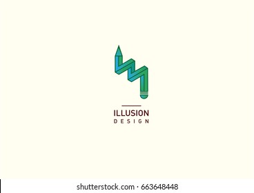 Contour green logo illusion of a pencil gradient 