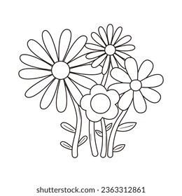 Contour groovy flowers in 70s and 60s style. Vintage hippie outline bouquet. Psychedelic seventies daisies. Vector coloring page.