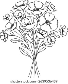 Contour groovy flowers in 70s and 60s style. Vintage hippie outline bouquet. Psychedelic seventies daisies. Vector coloring page.