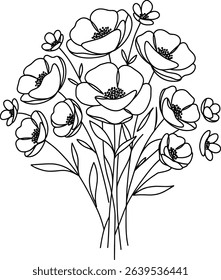 Contour groovy flowers in 70s and 60s style. Vintage hippie outline bouquet. Psychedelic seventies daisies. Vector coloring page.