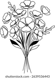 Contour groovy flowers in 70s and 60s style. Vintage hippie outline bouquet. Psychedelic seventies daisies. Vector coloring page.
