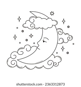 Contour groovy moon and clouds illustration in 70s and 60s style. Vintage hippie line art crescent with face. Psychedelic art. Vector coloring page.