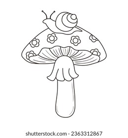 Contour groovy mushroom and snail in 70s and 60s style. Outline hippie amanita with daisy flowers. Psychedelic seventies line art illustration. Vector coloring page.