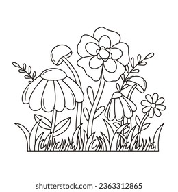 Contour groovy mushrooms and flowers illustration in 70s and 60s style. Vintage hippie line art landscape. Psychedelic seventies floral background. Vector coloring page.