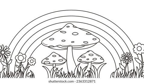 Contour groovy rainbow and mushrooms illustration in 70s and 60s style. Vintage hippie outline landscape. Psychedelic seventies nature background. Vector coloring page.