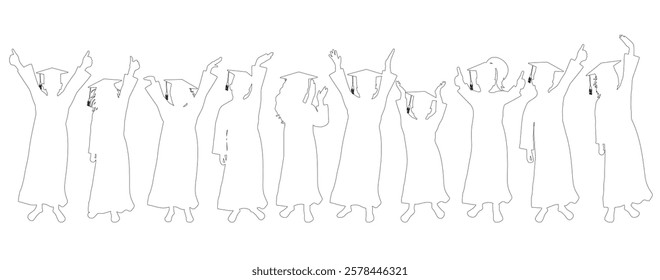 Contour of group of graduates children in square academic caps.  Graduation ceremony. Vector  illustration.