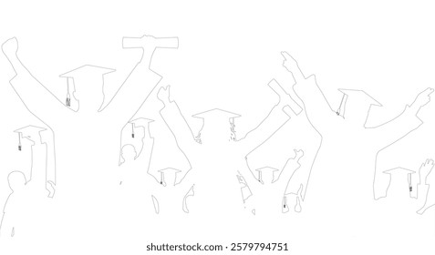 Contour of group of happy graduate students in graduation academic caps. Graduation party. Vector  illustration.