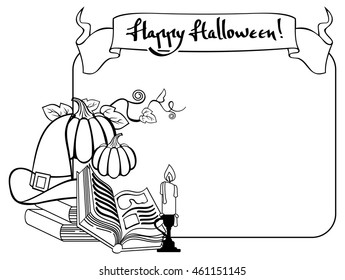 Contour halloween frame with witch hat, magician books and candlestick. Vector clip art. 