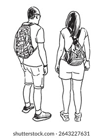 Contour hand drawing of tourists couple with backpacks standing outdoors on summer day, realistic sketch, vector illustration isolatrd on white