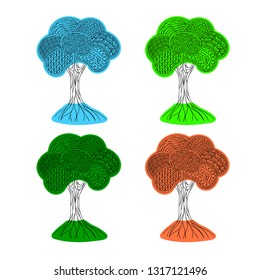 Contour hand drawing zendoodle tree. Stylization and fantasy. Four seasons: spring, summer, autumn, winter. Isolated element. Vector illustration. 
