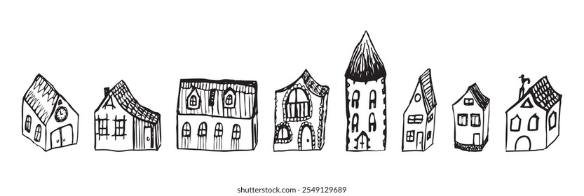 Desenhos de mão de contorno de várias casas antigas abstratas, ilustração vetorial isolada no branco