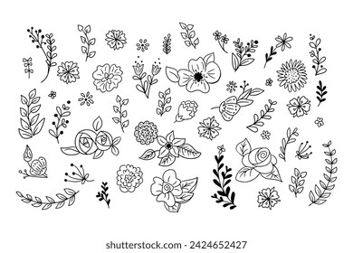 Contour hand drawn doodle set of spring flowers and branches. Sketchy black contour leaves and flowers on white background. Ideal for coloring pages, tattoo, pattern