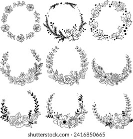 Contour hand drawn floral wreaths. Set of curve floral frames. Vector doodle templates. Black sketchy elements with flowers and leaves for for wedding, anniversary card, invitation on white background