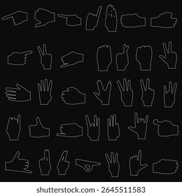 Contour hand gestures in a simple cartoon style, fingers spread and palms facing up against a black background. Each hand displays a unique pose with slightly curled fingers and spread thumb.